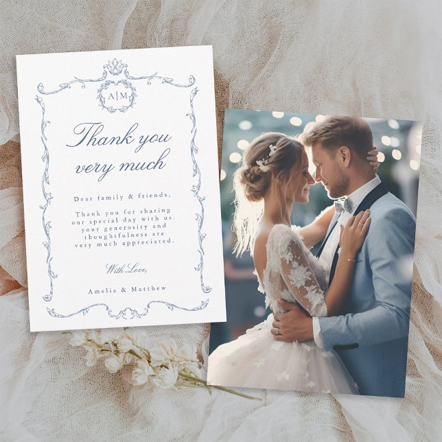 Carte De Remerciements Modern Classic French Frame Blue Wedding Photo (Front & Back)