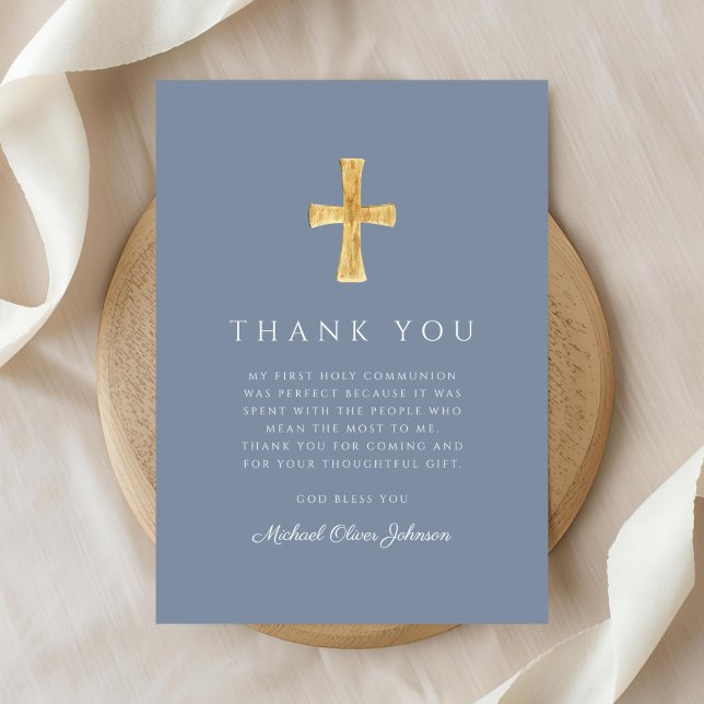 Carte De Remerciements Modern Dusty Blue Religious Boy First Communion (Modern Dusty Blue Religious Boy First Communion Thank You Card)