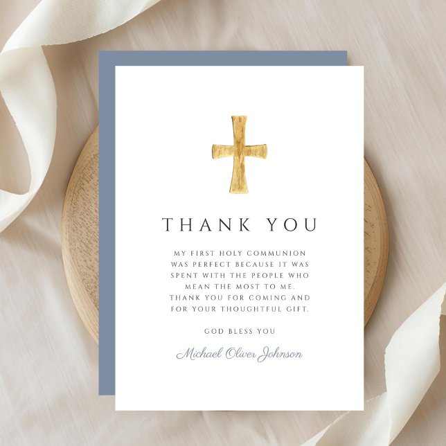 Carte De Remerciements Modern Dusty Blue Religious Boy First Communion (Modern Dusty Blue Religious Boy First Communion Thank You Card)