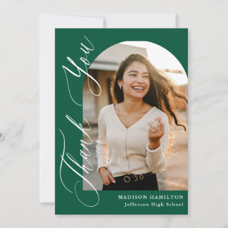 Carte De Remerciements Modern Elegant Calligraphy Green Photo Graduation