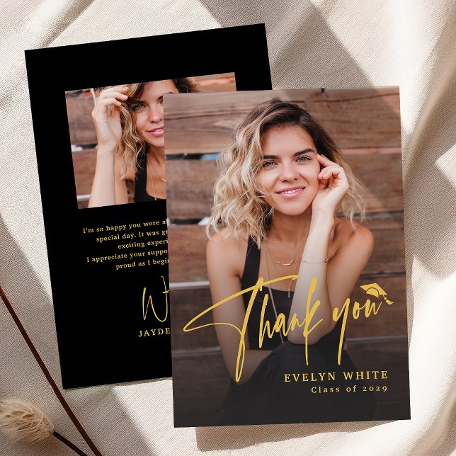 Carte De Remerciements Modern Grad Cap Script Simple Photo Graduation (Modern Grad Cap Script Simple Photo Graduation Thank You Card)