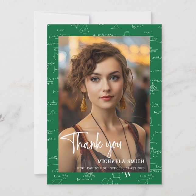 Carte De Remerciements Modern Green Math Script Photo Graduation  (Devant)