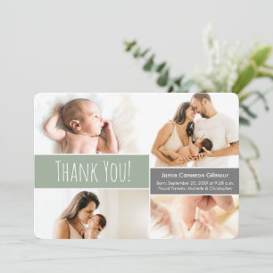 Carte De Remerciements Modern Green Welcome Accueil Bébé garçon Photo Col