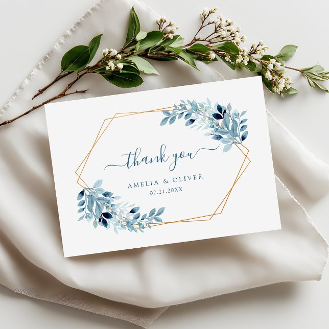Carte De Remerciements Modern Greenery Dusty Blue Geometric Wedding (Créateur téléchargé)
