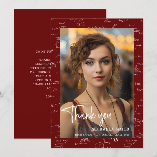 Carte De Remerciements Modern Maroon Math Script Photo Graduation  (Devant / Derrière)