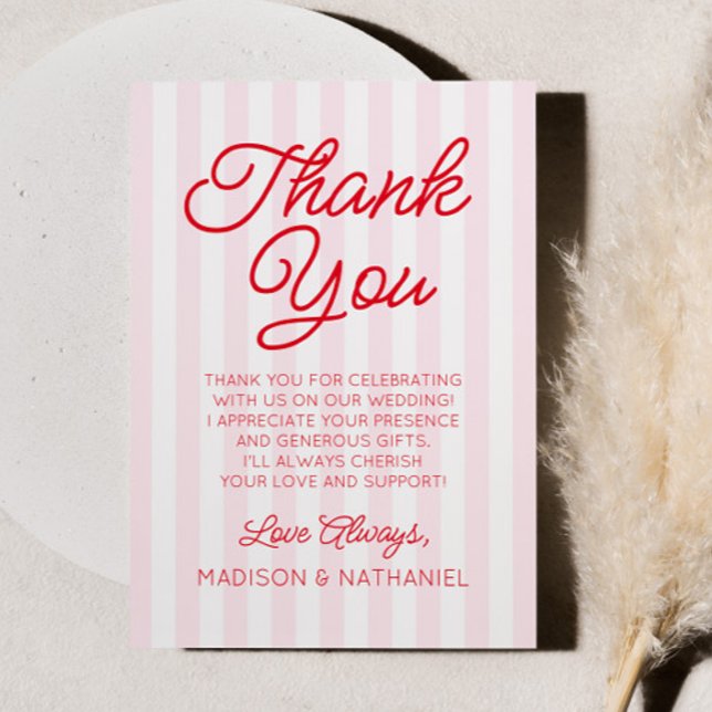 Carte De Remerciements Modern Minimal Minimalist Red Pink Stripes Wedding (Créateur téléchargé)
