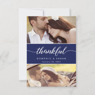 Carte De Remerciements Modern Navy Blue Thankful script Mariage Photos
