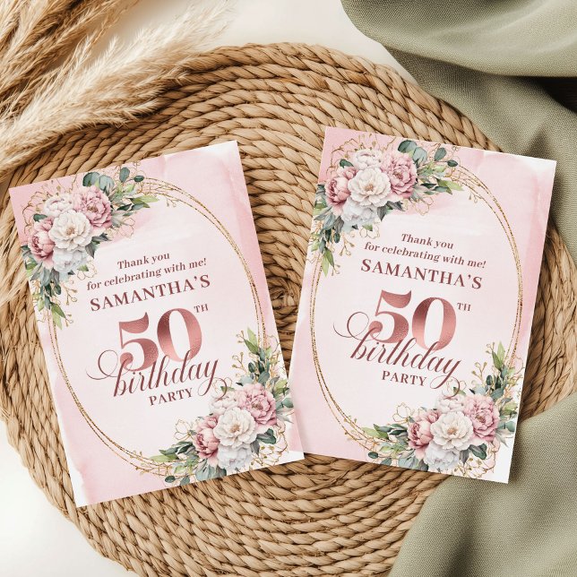 Carte De Remerciements Modern Rose Gold Greenery 50th Birthday Thank You (Modern Rose Gold Greenery 50th Birthday Thank You)