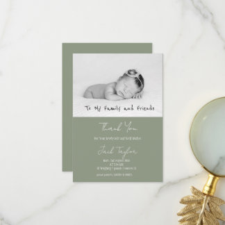 Carte De Remerciements Modern Sage Green Photo Handwriting Baby Birth  