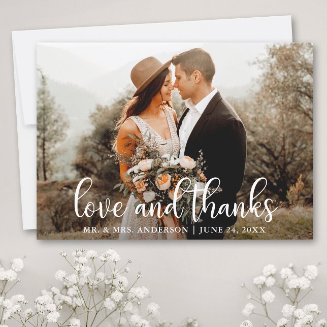 Carte De Remerciements Modern Script Love and Thanks Photo Mariage (Customize to add text or more photos to back of card.)