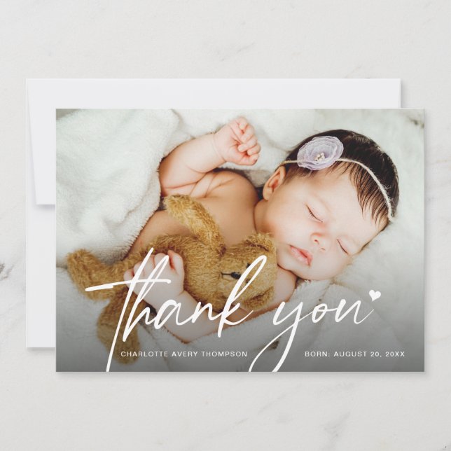 Carte De Remerciements Modern Script Newborn baby Photo Heart  (Devant)