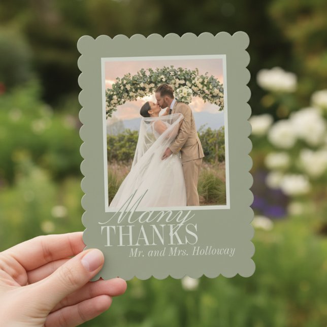 Carte De Remerciements Modern Script Sage Green Wedding Photo (Thank guests for celebrating your big day with this Modern Script Sage Green Photo Thank You Card!)