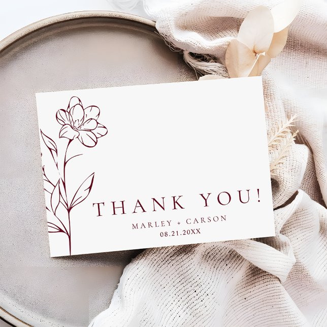Carte De Remerciements Modern Sketched Floral Burgundy Stylish Wedding (Créateur téléchargé)