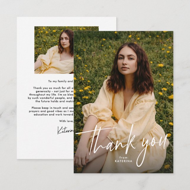 Carte De Remerciements Modern trendy script graduation photo (Devant / Derrière)