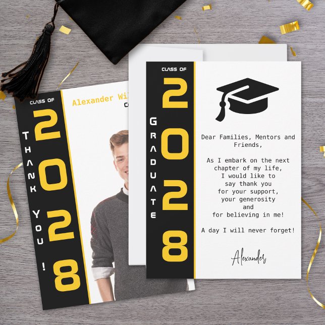 Carte De Remerciements Moderne 1 Photo Gold Black Graduation (Créateur téléchargé)