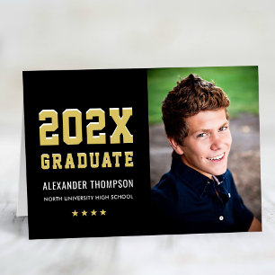 Carte De Remerciements Moderne 2025 Diplômé Black Gold Photo Graduation