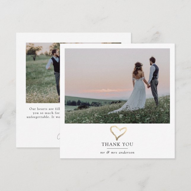 Carte De Remerciements Moderne 2 Photo Gold Foil Mariage de coeur (Devant / Derrière)