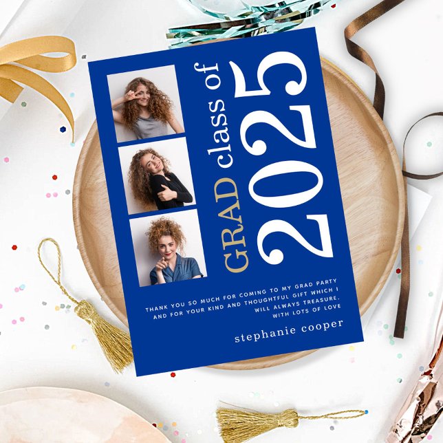 Carte De Remerciements Moderne 3 photo Gras Texte 2025 Bleu Graduation (Créateur téléchargé)
