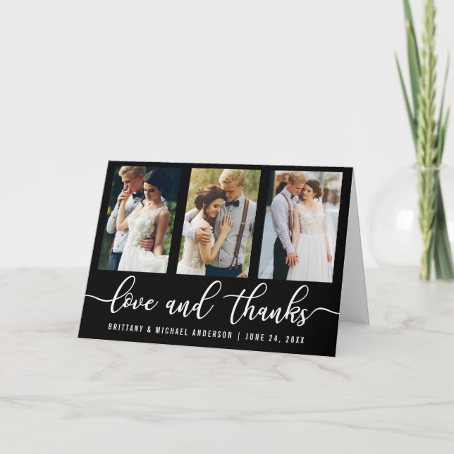 Carte De Remerciements Moderne 3 Photo Mariage Love and Thanks Pold (Devant)