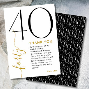 Carte De Remerciements Moderne 40e anniversaire noir et blanc or