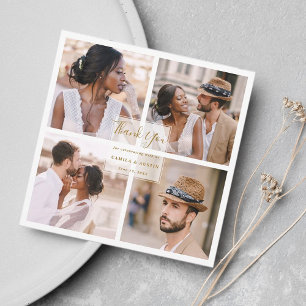 Carte De Remerciements Moderne 4 Photo Collage Gold Carré Mariage