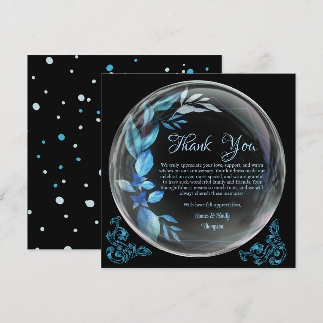 Carte De Remerciements Moderne Anniversaire Jubilé Floral Bleu Noir (Devant / Derrière)