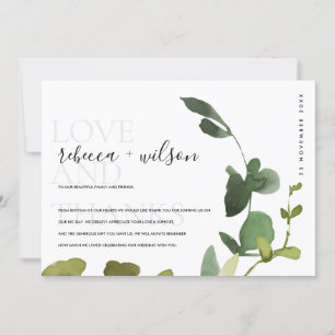 CARTE DE REMERCIEMENTS MODERNE BLANC VERT EUCALYPTUS FOLIAGE COULEUR D'EA