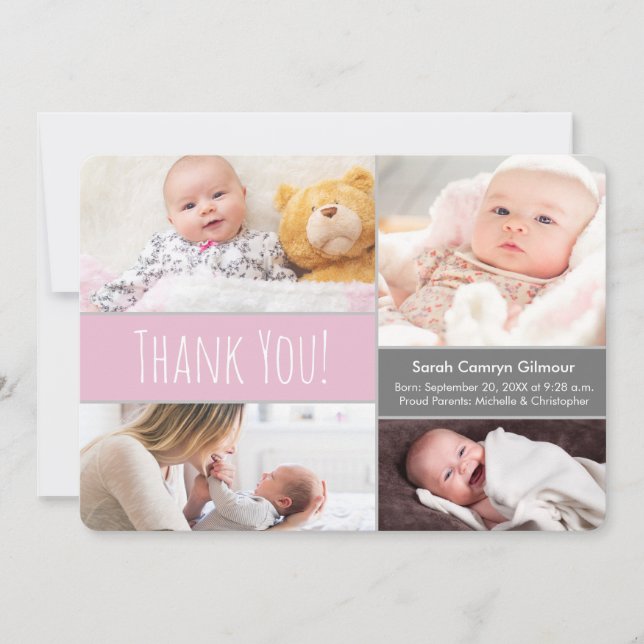 Carte De Remerciements Moderne Blush rose et gris Accueil Bébé Fille (Devant)