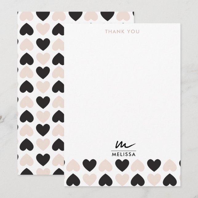 Carte De Remerciements Moderne Blush rose noir Coeurs d'amour Monogramme (Devant / Derrière)