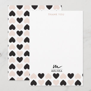 Carte De Remerciements Moderne Blush rose noir Coeurs d'amour Monogramme