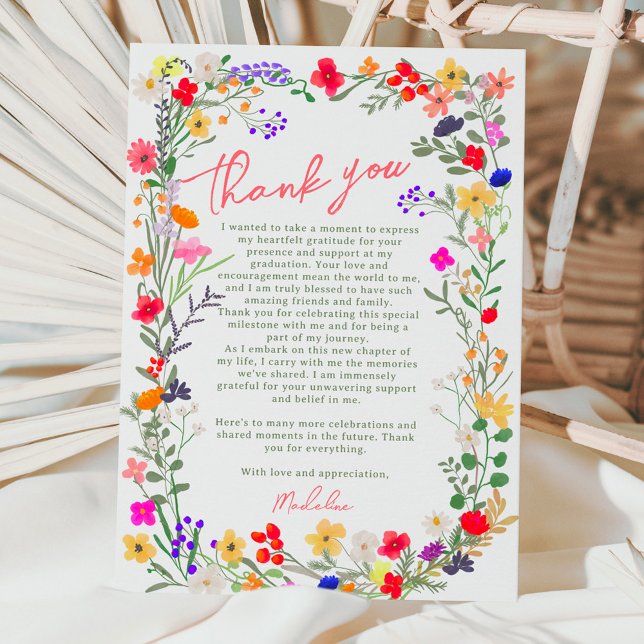 Carte De Remerciements Moderne chic boho brillant fleurs sauvages graduat (Modern chic boho bright wild flowers graduation thank you card)