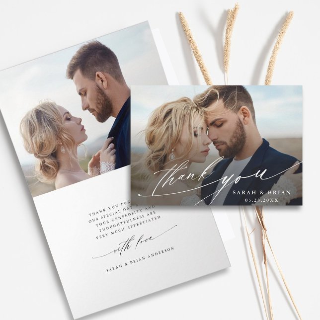 Carte De Remerciements Moderne Chic Calligraphie 2 Mariage photo plié (Front & Inside)