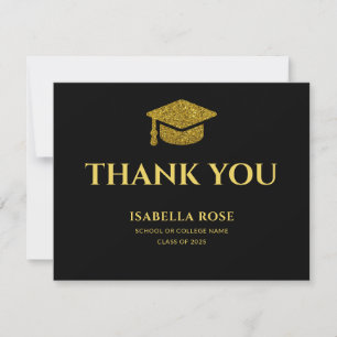 Carte De Remerciements Moderne Chic Elegant Noir et Or Graduation