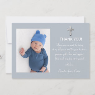 Carte De Remerciements Moderne Elegant Croix Bleue Dusty Boy Baptême garç