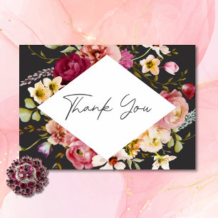 Carte De Remerciements Moderne Elégant été prairie floral noir Mariage