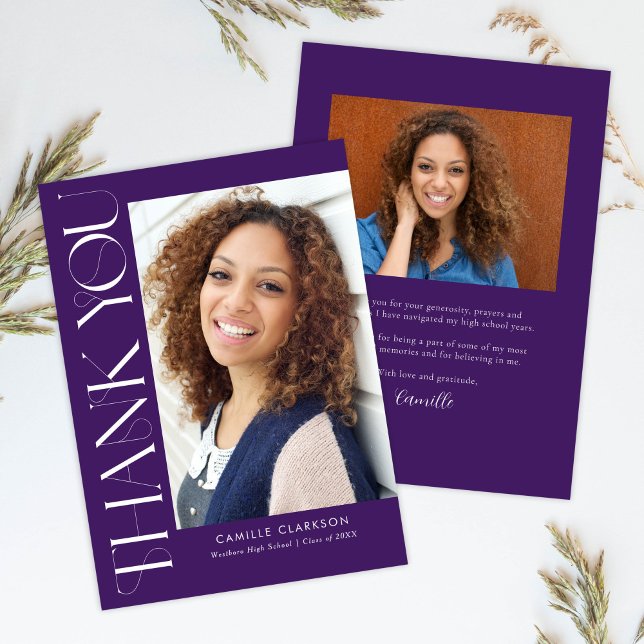 Carte De Remerciements Moderne Elégant Vertical Deux Photo Graduation (Créateur téléchargé)