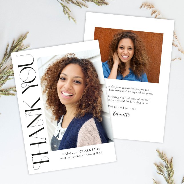Carte De Remerciements Moderne Elégant Vertical Deux Photo Graduation (Créateur téléchargé)