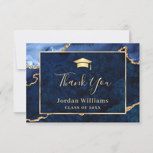 Carte De Remerciements Moderne Golden Blue Marble Agate Graduation (Devant)