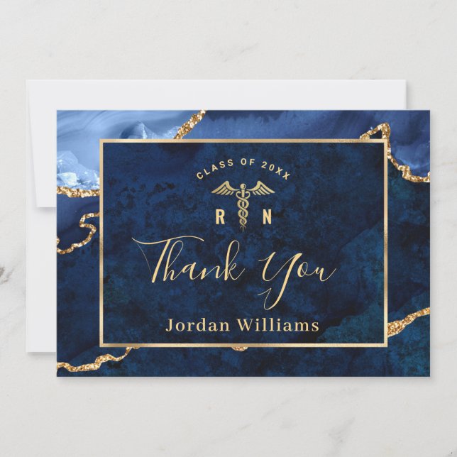 Carte De Remerciements Moderne Golden Blue Marble Agate RN Graduation (Devant)