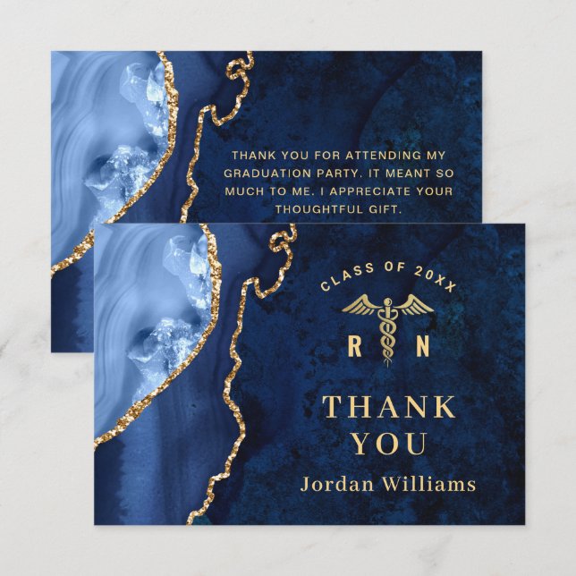 Carte De Remerciements Moderne Golden Blue Marble Agate RN Graduation (Devant / Derrière)