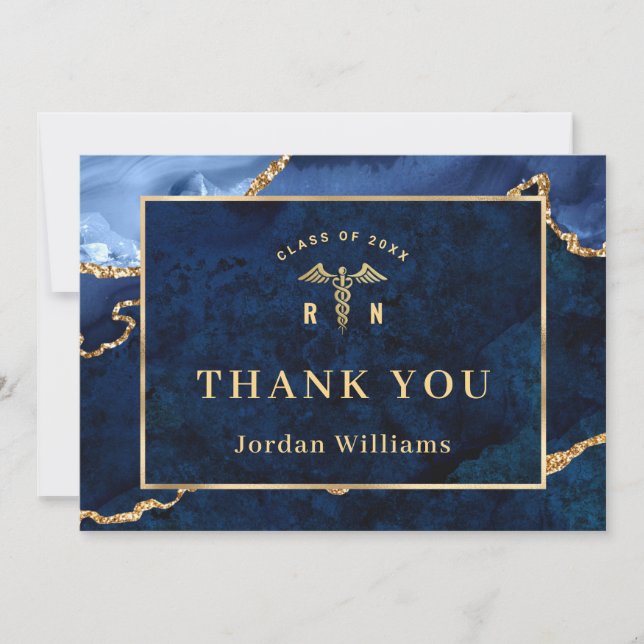 Carte De Remerciements Moderne Golden Blue Marble Agate RN Graduation (Devant)