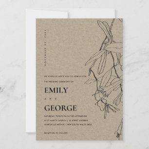 CARTE DE REMERCIEMENTS MODERNE KRAFT LINE DESSINER FLORAL MARIAGE INVITE