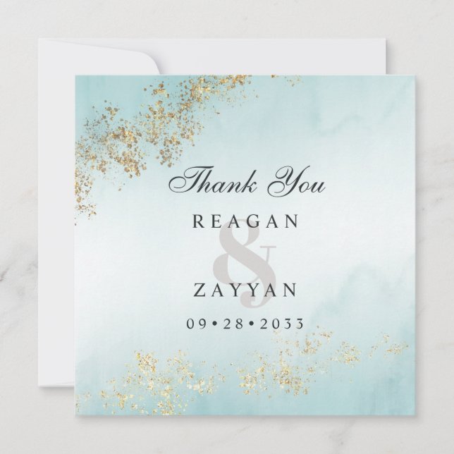 Carte De Remerciements Moderne Luxe Gold Flecks Turquoise Mist Mariage (Devant)