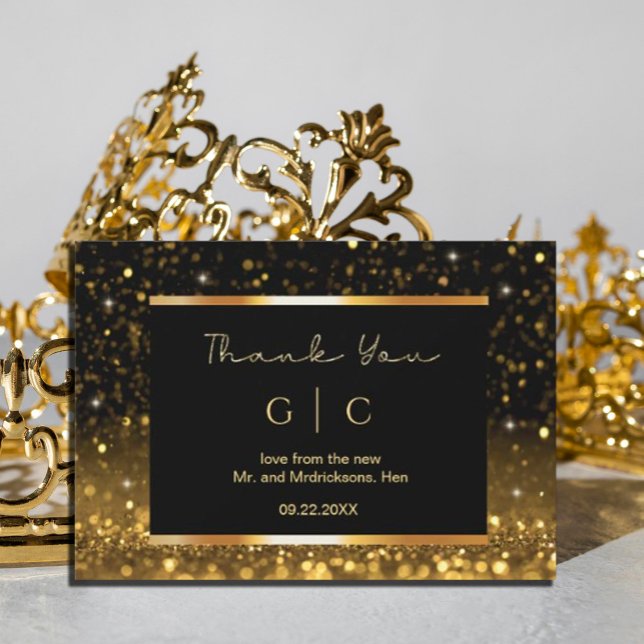 Carte De Remerciements Moderne Luxe Or Noir Paillettes  (#zazzlemade #thankyoucard #thankyoucardgold #gold and black #christmas #holiday,)