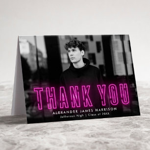 Carte De Remerciements Moderne Magenta Neon Photo Graduation