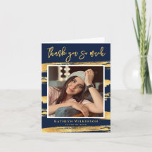 Moderne Marine Bleu Gold Script Chic Photo Graduat