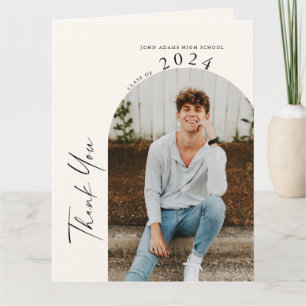 Carte De Remerciements Moderne Minimal Deux Photo Graduation Beige