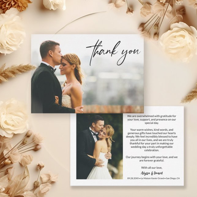Carte De Remerciements Moderne Personnalisé 2 Photos Mariages Simple (Modern 2 wedding photo horizontal thank you cards.)