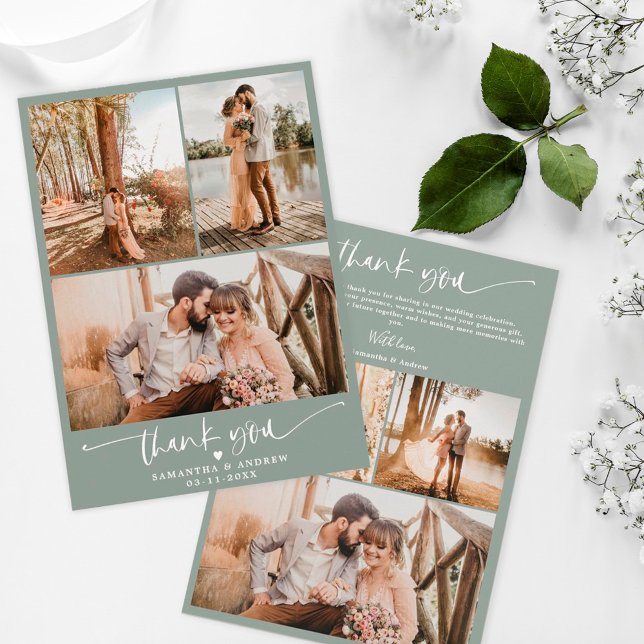Carte De Remerciements Moderne sauge vert script coeur 6 photos mariage (Créateur téléchargé)
