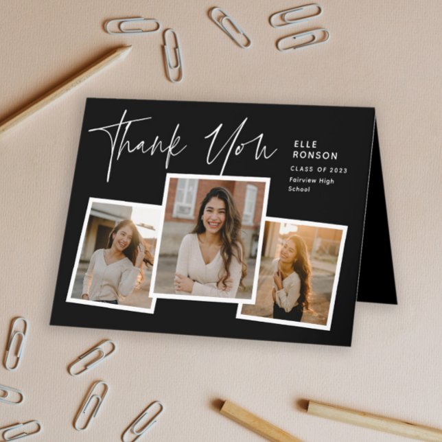 Carte De Remerciements Moderne Script Graduate Photo Collage Graduation (Modern script 3 photo collage graduation folded thank you card.)